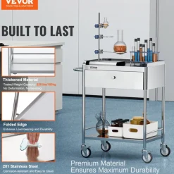 VEVOR Medical Cart, 2-Layer Stainless Steel Cart 220 lbs Weight Capacity, Lab Utility Cart with 360° Silent Wheels and a Drawer for Lab, Clinic, Kitchen, Salon