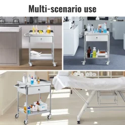 VEVOR Medical Cart, 2-Layer Stainless Steel Cart 220 lbs Weight Capacity, Lab Utility Cart with 360° Silent Wheels and a Drawer for Lab, Clinic, Kitchen, Salon
