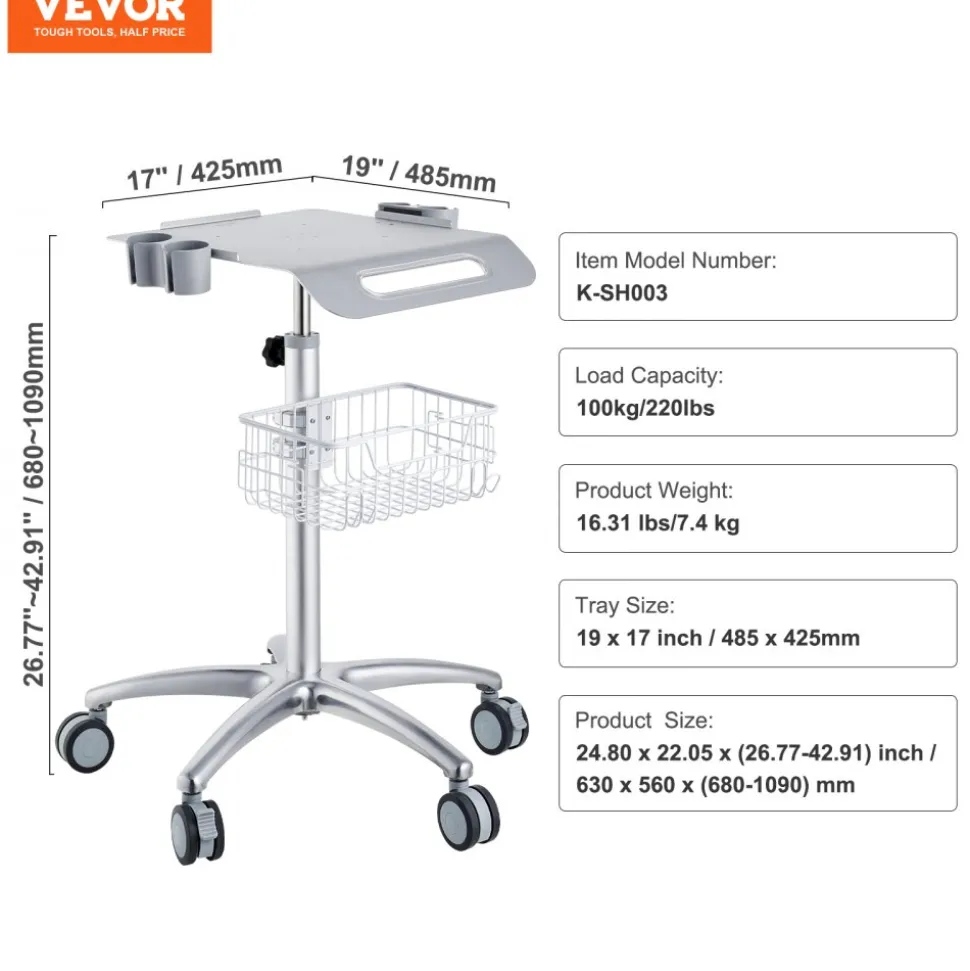 VEVOR Medical Cart, Salon Cart with Wheels, Mobile Trolley Cart 26.77"-42.91" Height Adjustable, Metal Salon Stations for Hair Stylist, Rolling Desktop Lab Cart for Clinic, Beauty and Salon