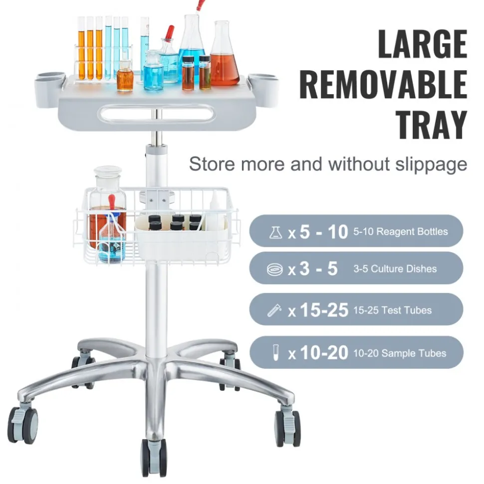 VEVOR Medical Cart, Salon Cart with Wheels, Mobile Trolley Cart 26.77"-42.91" Height Adjustable, Metal Salon Stations for Hair Stylist, Rolling Desktop Lab Cart for Clinic, Beauty and Salon