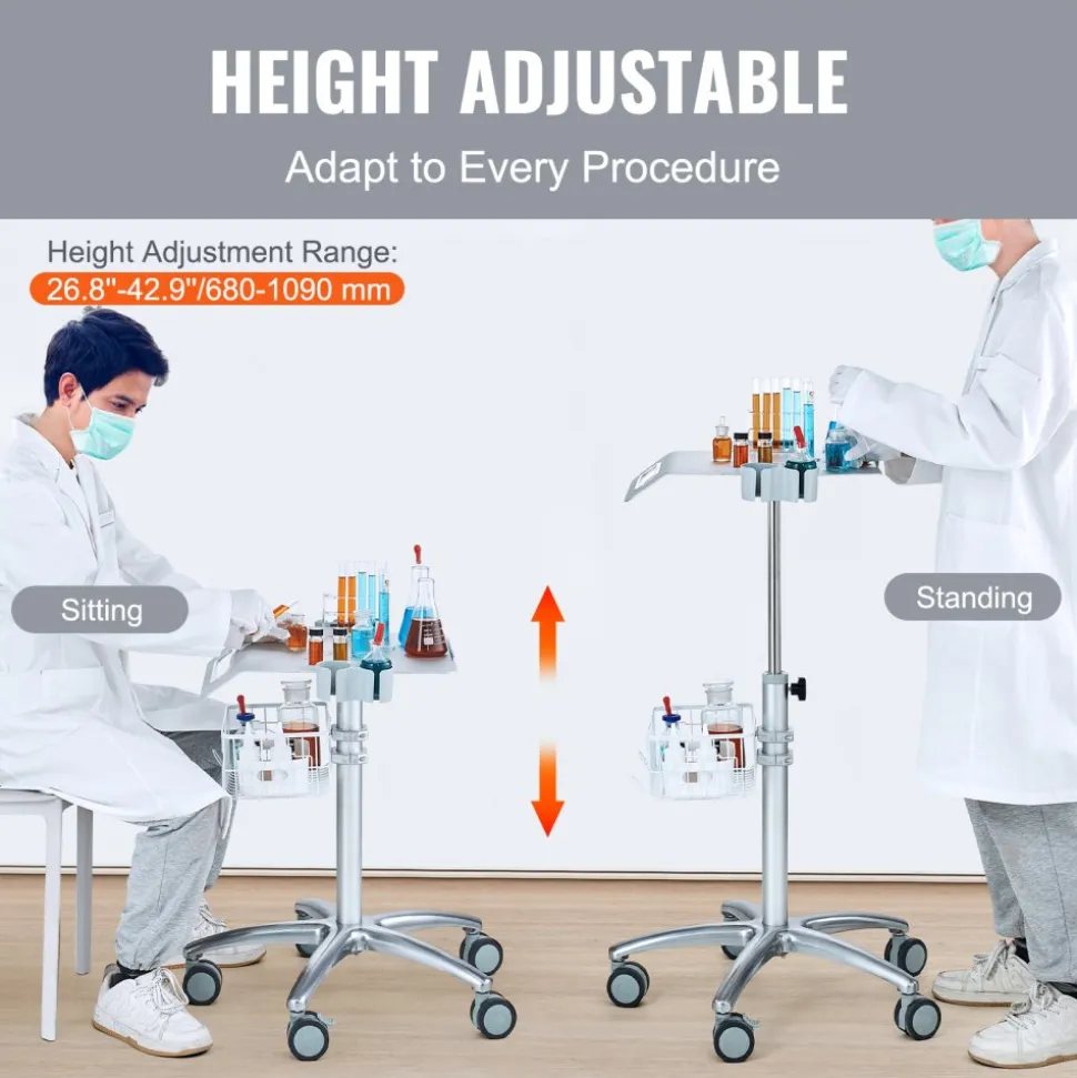 VEVOR Medical Cart, Salon Cart with Wheels, Mobile Trolley Cart 26.77"-42.91" Height Adjustable, Metal Salon Stations for Hair Stylist, Rolling Desktop Lab Cart for Clinic, Beauty and Salon