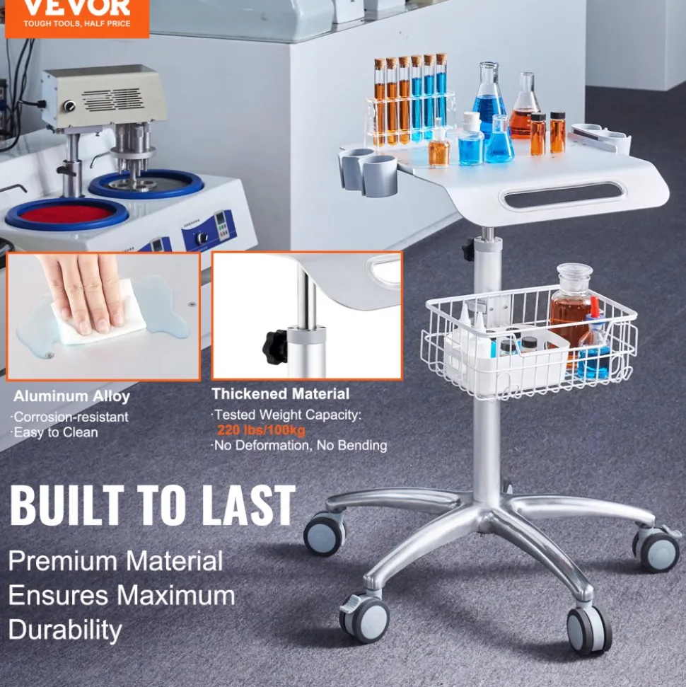 VEVOR Medical Cart, Salon Cart with Wheels, Mobile Trolley Cart 26.77"-42.91" Height Adjustable, Metal Salon Stations for Hair Stylist, Rolling Desktop Lab Cart for Clinic, Beauty and Salon