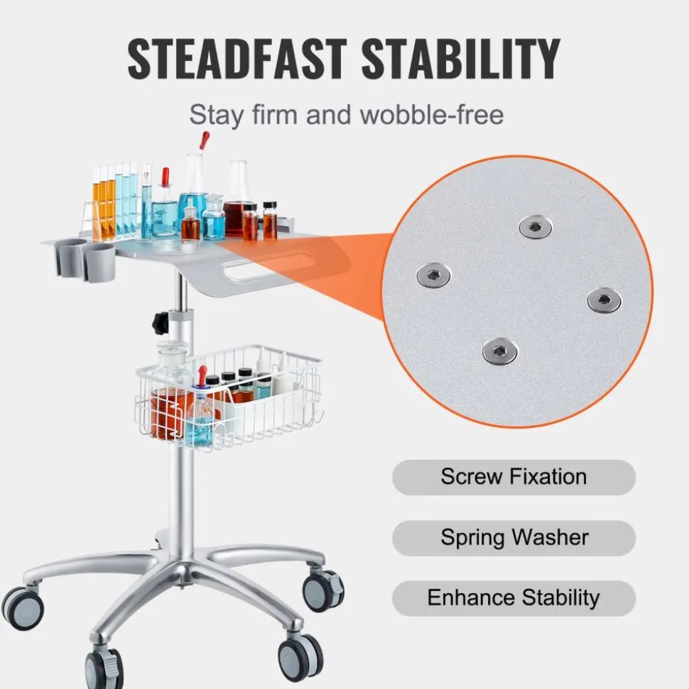 VEVOR Medical Cart, Salon Cart with Wheels, Mobile Trolley Cart 26.77"-42.91" Height Adjustable, Metal Salon Stations for Hair Stylist, Rolling Desktop Lab Cart for Clinic, Beauty and Salon