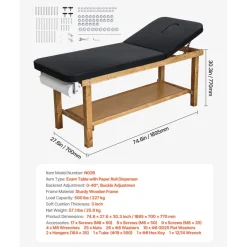 VEVOR Medical Exam Table, Wooden Framed Medical Examination Bed, Physical Therapy Exam Table with Adjustable Backrest, Storage Shelf & Paper Roll Dispenser for Hospitals Clinics Rehab Centers, 500LBS