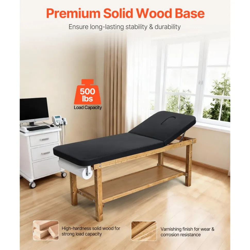 VEVOR Medical Exam Table, Wooden Framed Medical Examination Bed, Physical Therapy Exam Table with Adjustable Backrest, Storage Shelf & Paper Roll Dispenser for Hospitals Clinics Rehab Centers, 500LBS