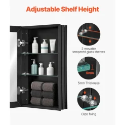 VEVOR Medicine Cabinet, 14 x 24 inches, Medicine Cabinet for Bathroom with Mirror,  Aluminum Frame Bathroom Wall Cabinet, 2-layer Adjustable Shelves, Recessed & Wall-mounted Installation