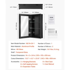 VEVOR Medicine Cabinet, 14 x 24 inches, Medicine Cabinet for Bathroom with Mirror,  Aluminum Frame Bathroom Wall Cabinet, 2-layer Adjustable Shelves, Recessed & Wall-mounted Installation