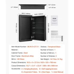 VEVOR Medicine Cabinet, 16.5 x 27.5 inch, Medicine Cabinet for Bathroom with Mirror, Â Aluminum Frame Bathroom Wall Cabinet, 3-layer Adjustable Shelves, Recessed & Wall-mounted Installation
