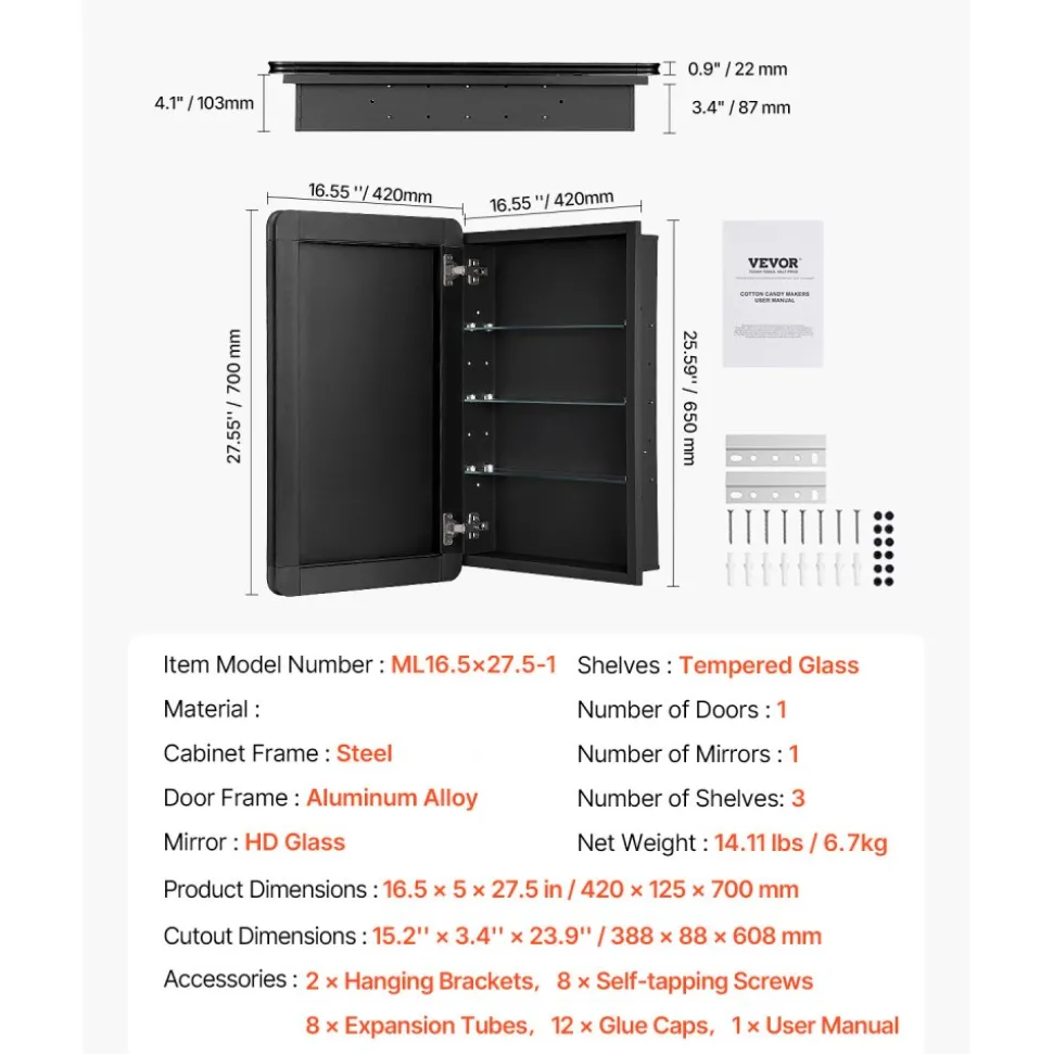 VEVOR Medicine Cabinet, 16.5 x 27.5 inch, Medicine Cabinet for Bathroom with Mirror, Aluminum Frame Bathroom Wall Cabinet, 3-layer Adjustable Shelves, Recessed & Wall-mounted Installation