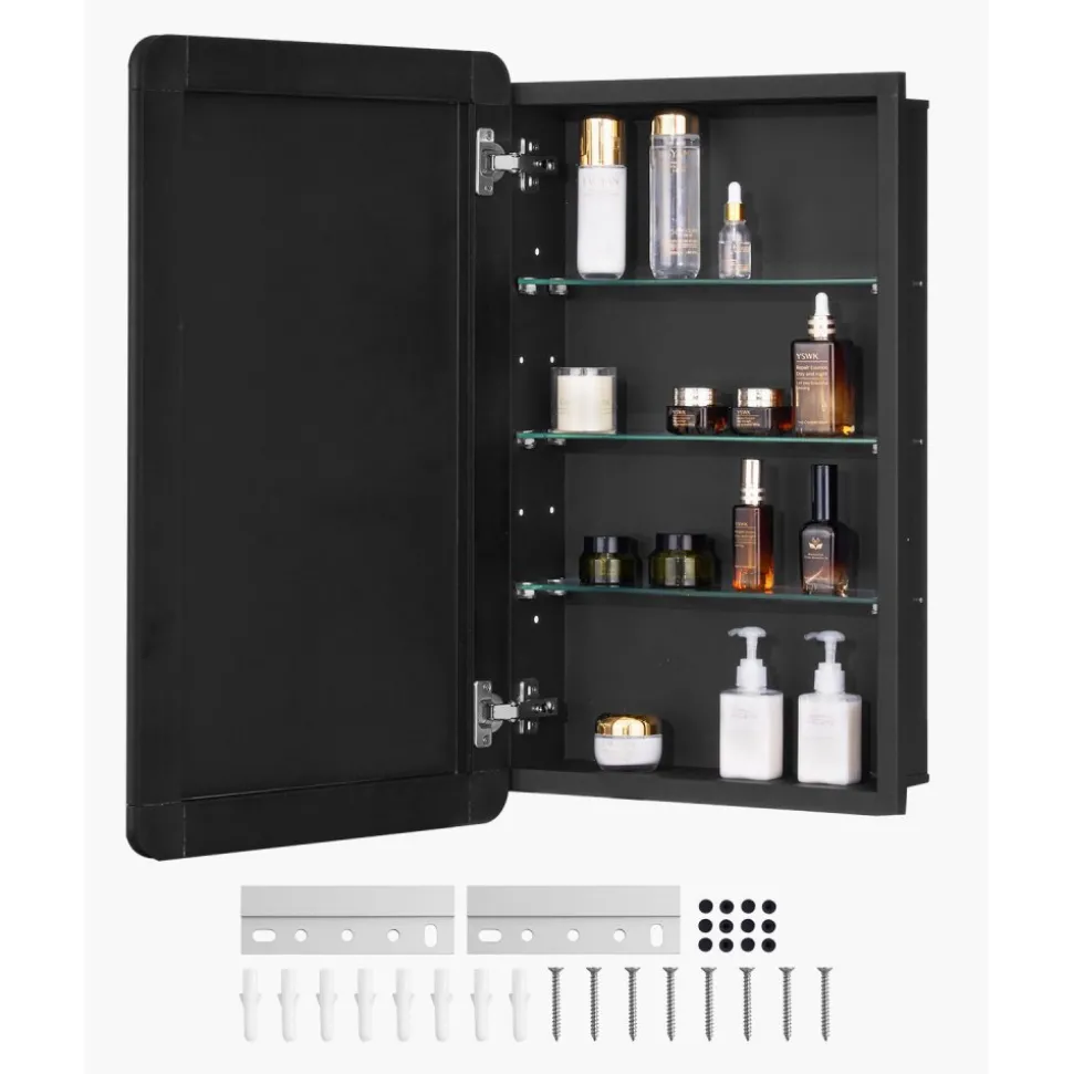 VEVOR Medicine Cabinet, 16.5 x 27.5 inch, Medicine Cabinet for Bathroom with Mirror, Aluminum Frame Bathroom Wall Cabinet, 3-layer Adjustable Shelves, Recessed & Wall-mounted Installation