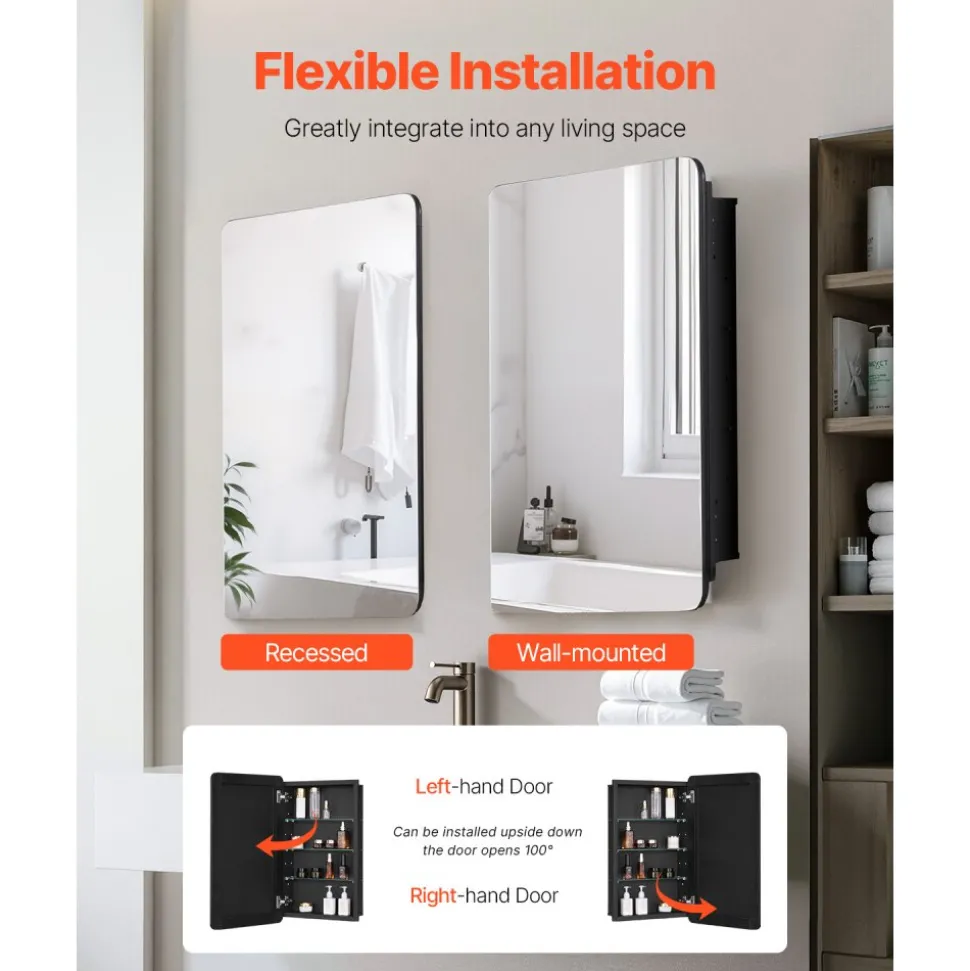 VEVOR Medicine Cabinet, 16.5 x 27.5 inch, Medicine Cabinet for Bathroom with Mirror, Aluminum Frame Bathroom Wall Cabinet, 3-layer Adjustable Shelves, Recessed & Wall-mounted Installation