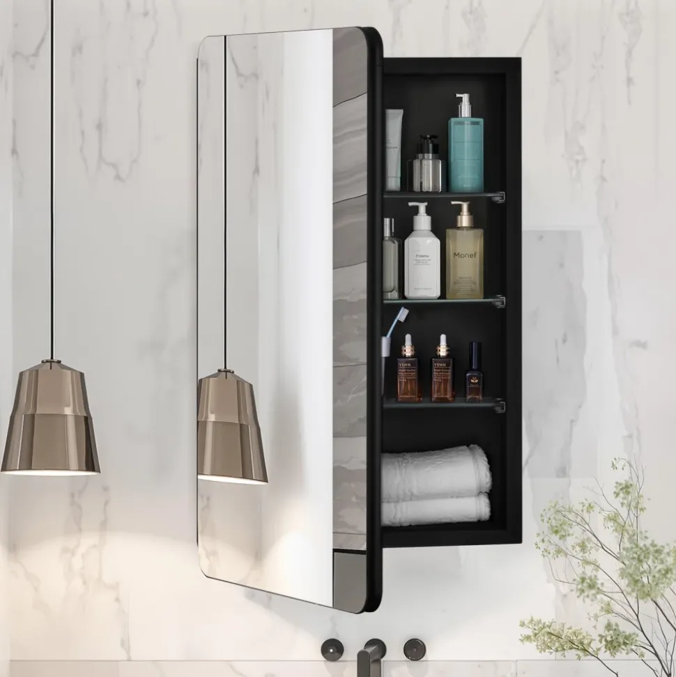 VEVOR Medicine Cabinet, 16.5 x 27.5 inch, Medicine Cabinet for Bathroom with Mirror, Aluminum Frame Bathroom Wall Cabinet, 3-layer Adjustable Shelves, Recessed & Wall-mounted Installation