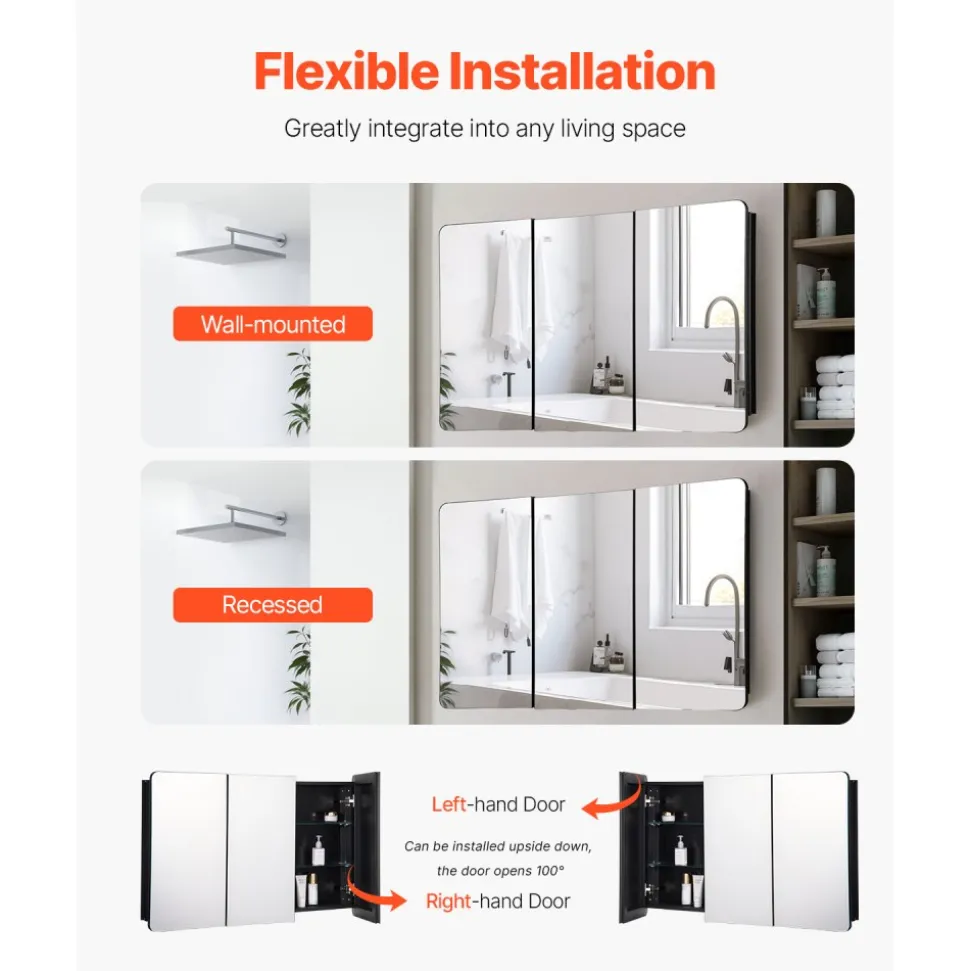 VEVOR Medicine Cabinet, 25.5 x 40 inch, Medicine Cabinet for Bathroom with Mirror, Aluminum Frame Bathroom Wall Cabinet, 4-layer Adjustable Shelves, Recessed & Wall-mounted Installation