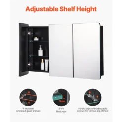 VEVOR Medicine Cabinet, 25.5 x 40 inch, Medicine Cabinet for Bathroom with Mirror, Aluminum Frame Bathroom Wall Cabinet, 4-layer Adjustable Shelves, Recessed & Wall-mounted Installation