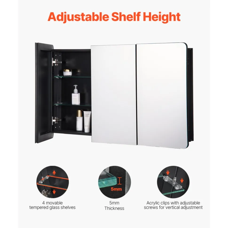 VEVOR Medicine Cabinet, 25.5 x 40 inch, Medicine Cabinet for Bathroom with Mirror, Aluminum Frame Bathroom Wall Cabinet, 4-layer Adjustable Shelves, Recessed & Wall-mounted Installation