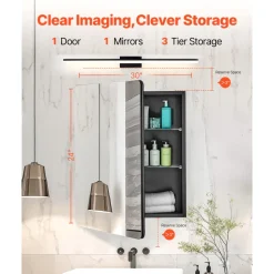 VEVOR Medicine Cabinet, 24 x 30 inch, Medicine Cabinet for Bathroom with Mirror, Aluminum Frame Bathroom Wall Cabinet, 2-layer Adjustable Shelves, Recessed & Wall-mounted Installation