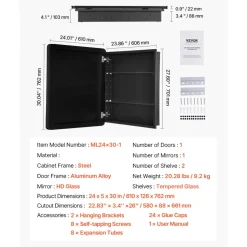 VEVOR Medicine Cabinet, 24 x 30 inch, Medicine Cabinet for Bathroom with Mirror, Aluminum Frame Bathroom Wall Cabinet, 2-layer Adjustable Shelves, Recessed & Wall-mounted Installation