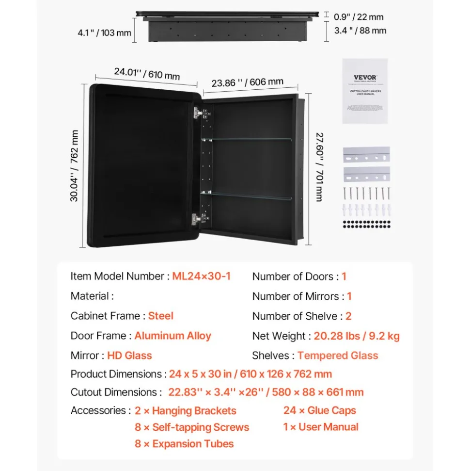 VEVOR Medicine Cabinet, 24 x 30 inch, Medicine Cabinet for Bathroom with Mirror, Aluminum Frame Bathroom Wall Cabinet, 2-layer Adjustable Shelves, Recessed & Wall-mounted Installation