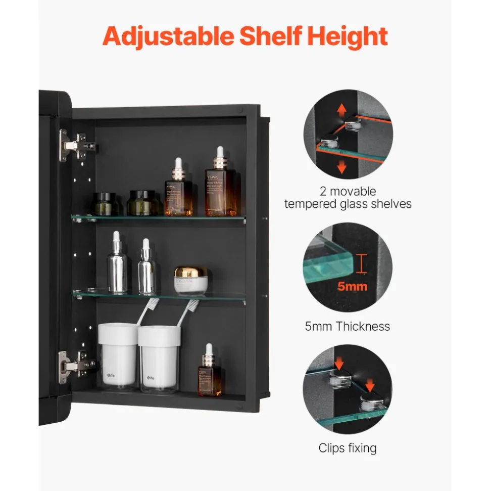 VEVOR Medicine Cabinet, 16 x 24 inch, Medicine Cabinet for Bathroom with Mirror, Aluminum Frame Bathroom Wall Cabinet, 2-layer Adjustable Shelves, Recessed & Wall-mounted Installation