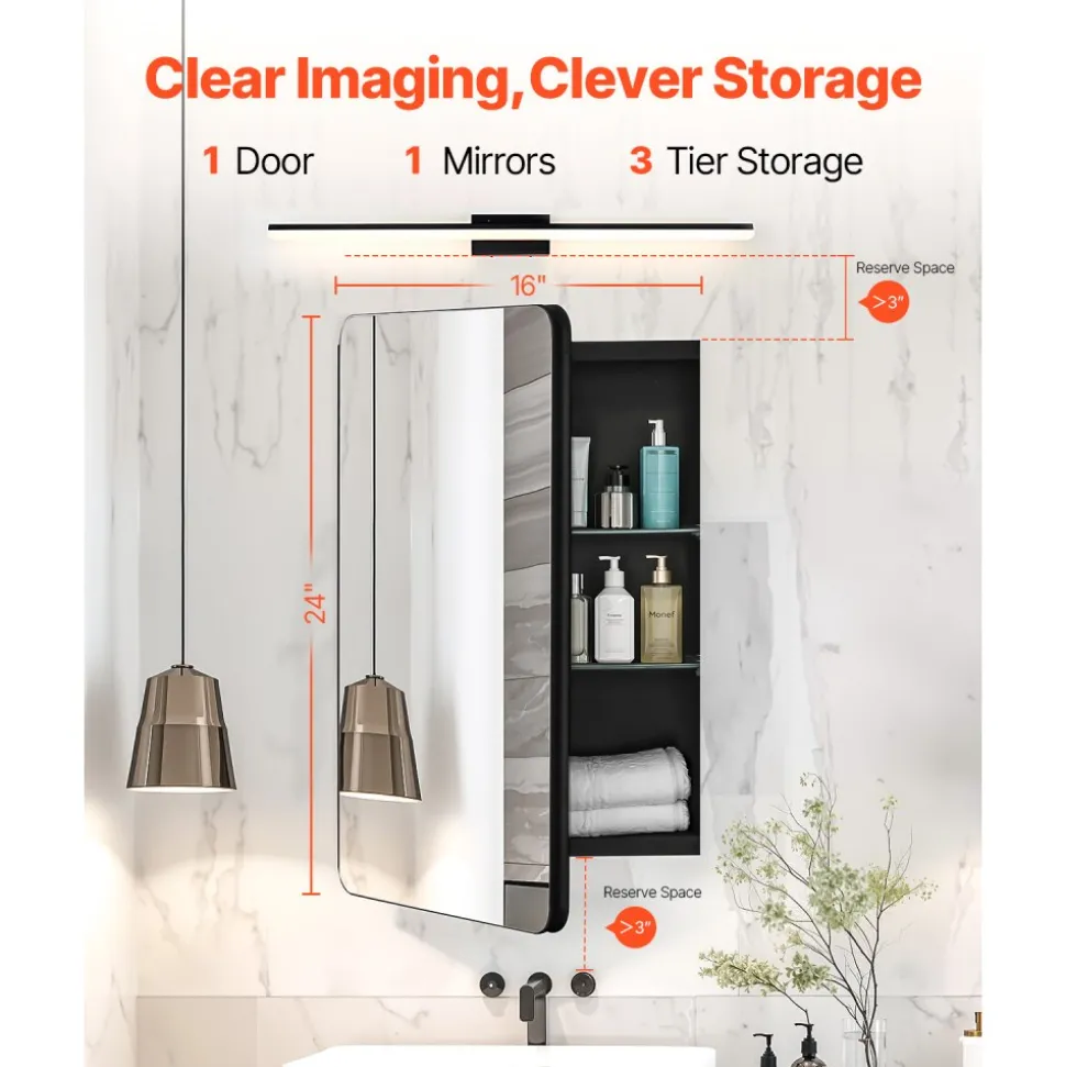 VEVOR Medicine Cabinet, 16 x 24 inch, Medicine Cabinet for Bathroom with Mirror, Aluminum Frame Bathroom Wall Cabinet, 2-layer Adjustable Shelves, Recessed & Wall-mounted Installation