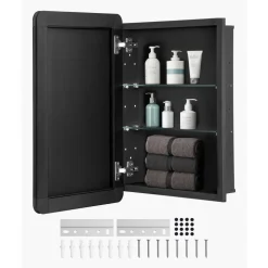 VEVOR Medicine Cabinet, 16 x 24 inch, Medicine Cabinet for Bathroom with Mirror, Aluminum Frame Bathroom Wall Cabinet, 2-layer Adjustable Shelves, Recessed & Wall-mounted Installation