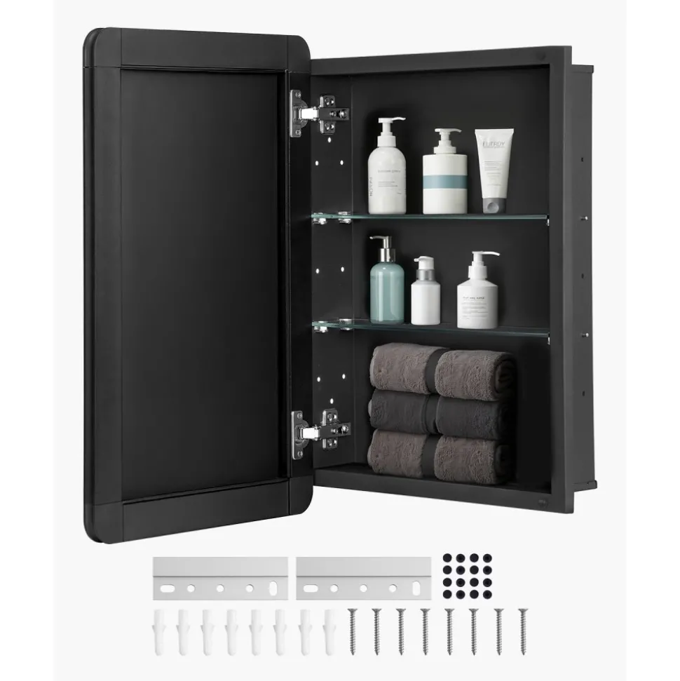 VEVOR Medicine Cabinet, 16 x 24 inch, Medicine Cabinet for Bathroom with Mirror, Aluminum Frame Bathroom Wall Cabinet, 2-layer Adjustable Shelves, Recessed & Wall-mounted Installation
