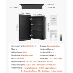 VEVOR Medicine Cabinet, 16 x 24 inch, Medicine Cabinet for Bathroom with Mirror, Aluminum Frame Bathroom Wall Cabinet, 2-layer Adjustable Shelves, Recessed & Wall-mounted Installation