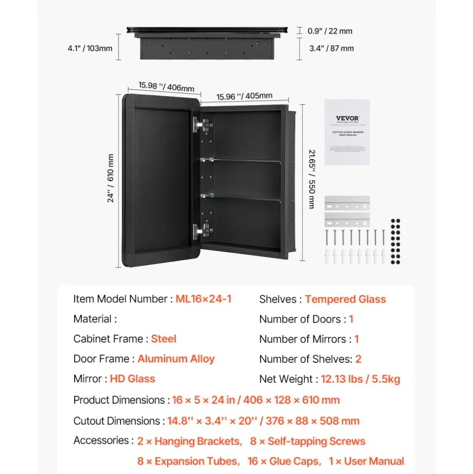 VEVOR Medicine Cabinet, 16 x 24 inch, Medicine Cabinet for Bathroom with Mirror, Aluminum Frame Bathroom Wall Cabinet, 2-layer Adjustable Shelves, Recessed & Wall-mounted Installation