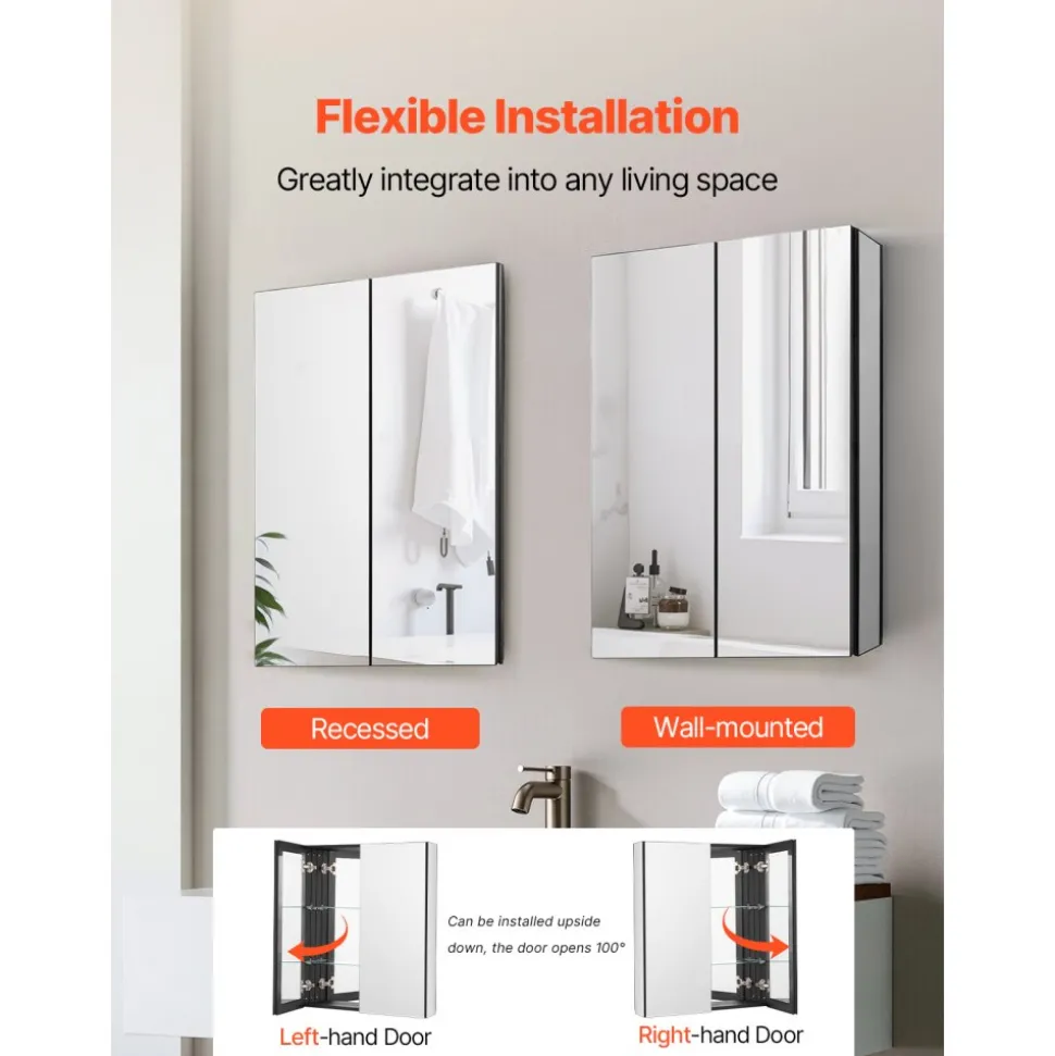 VEVOR Medicine Cabinet, 26 x 30 inch, Medicine Cabinet for Bathroom with Mirror, Aluminum Frame Bathroom Wall Cabinet, 2-layer Adjustable Shelves, Recessed & Wall-mounted Installation