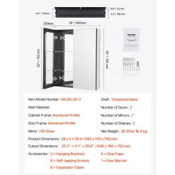 VEVOR Medicine Cabinet, 26 x 30 inch, Medicine Cabinet for Bathroom with Mirror, Aluminum Frame Bathroom Wall Cabinet, 2-layer Adjustable Shelves, Recessed & Wall-mounted Installation