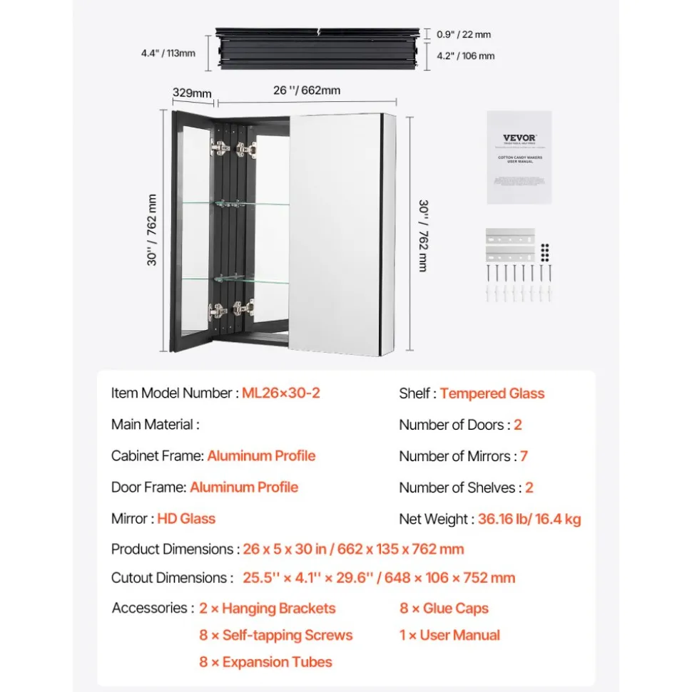 VEVOR Medicine Cabinet, 26 x 30 inch, Medicine Cabinet for Bathroom with Mirror, Aluminum Frame Bathroom Wall Cabinet, 2-layer Adjustable Shelves, Recessed & Wall-mounted Installation