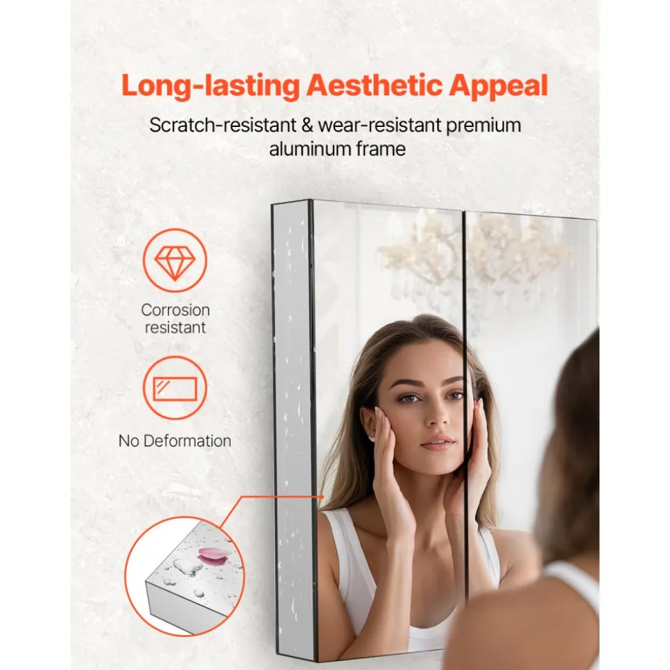 VEVOR Medicine Cabinet, 26 x 30 inch, Medicine Cabinet for Bathroom with Mirror, Aluminum Frame Bathroom Wall Cabinet, 2-layer Adjustable Shelves, Recessed & Wall-mounted Installation