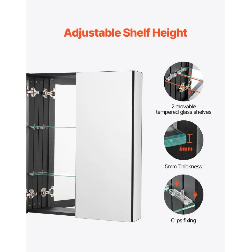 VEVOR Medicine Cabinet, 26 x 30 inch, Medicine Cabinet for Bathroom with Mirror, Aluminum Frame Bathroom Wall Cabinet, 2-layer Adjustable Shelves, Recessed & Wall-mounted Installation