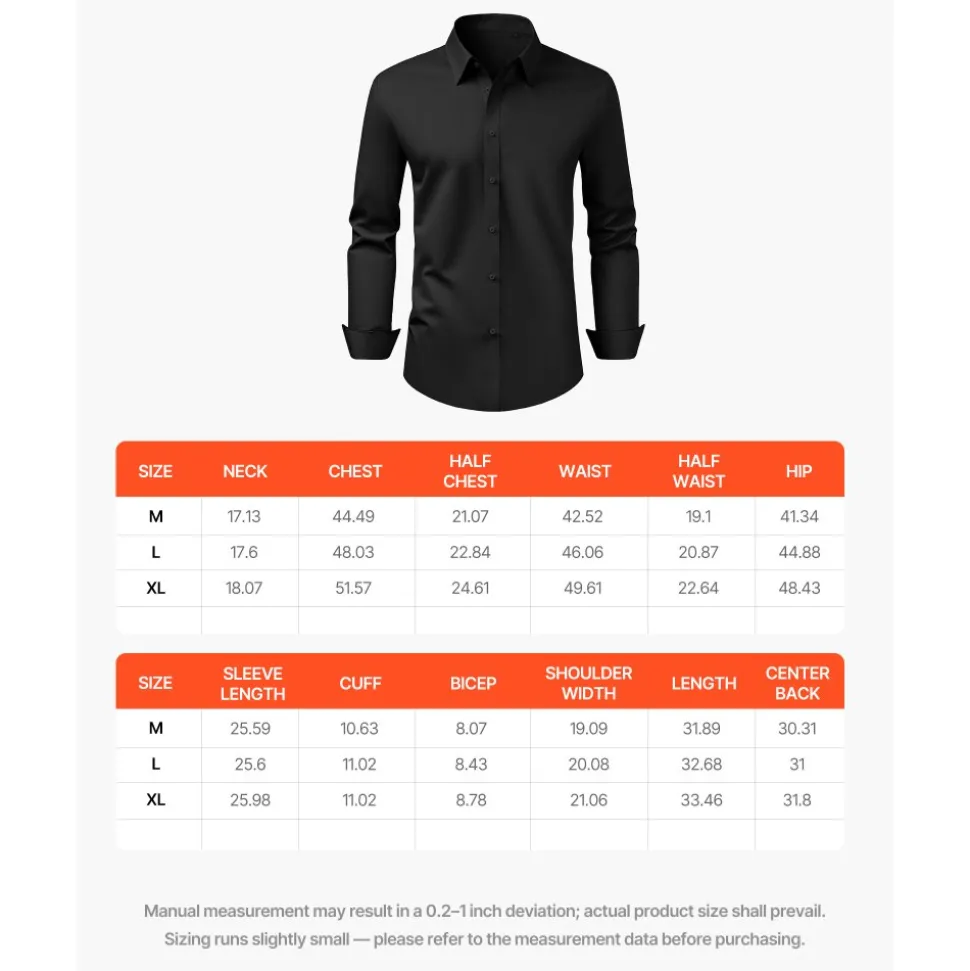 VEVOR Men's Button Up Shirt, Mens Long Sleeve Wrinkle-free Button Down Dress Shirts, Slim Fit Soft Stretch Fabric for Business Casual or Formal, Work, Wedding, Dinner, Black, L Size