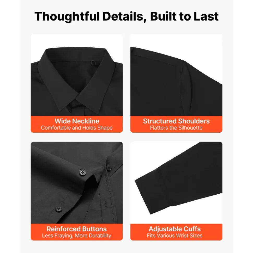 VEVOR Men's Button Up Shirt, Mens Long Sleeve Wrinkle-free Button Down Dress Shirts, Slim Fit Soft Stretch Fabric for Business Casual or Formal, Work, Wedding, Dinner, Black, L Size