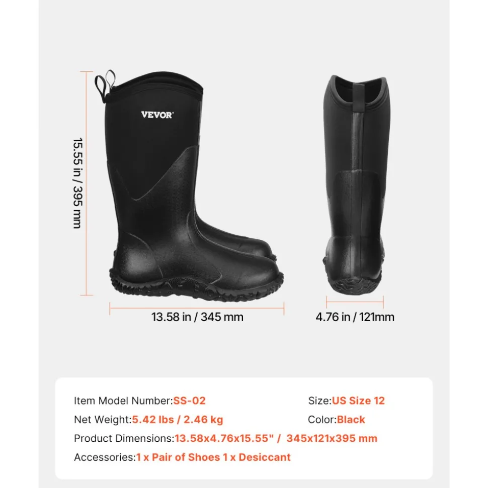 VEVOR Men's Rubber Boots, Protective Footwear, Waterproof Anti Slip Hunting Boots, Gardening Insulated Mud Boots, Protective Footwear, Lightweight & Durable, for Manufacturing, Farming, Size 12 US