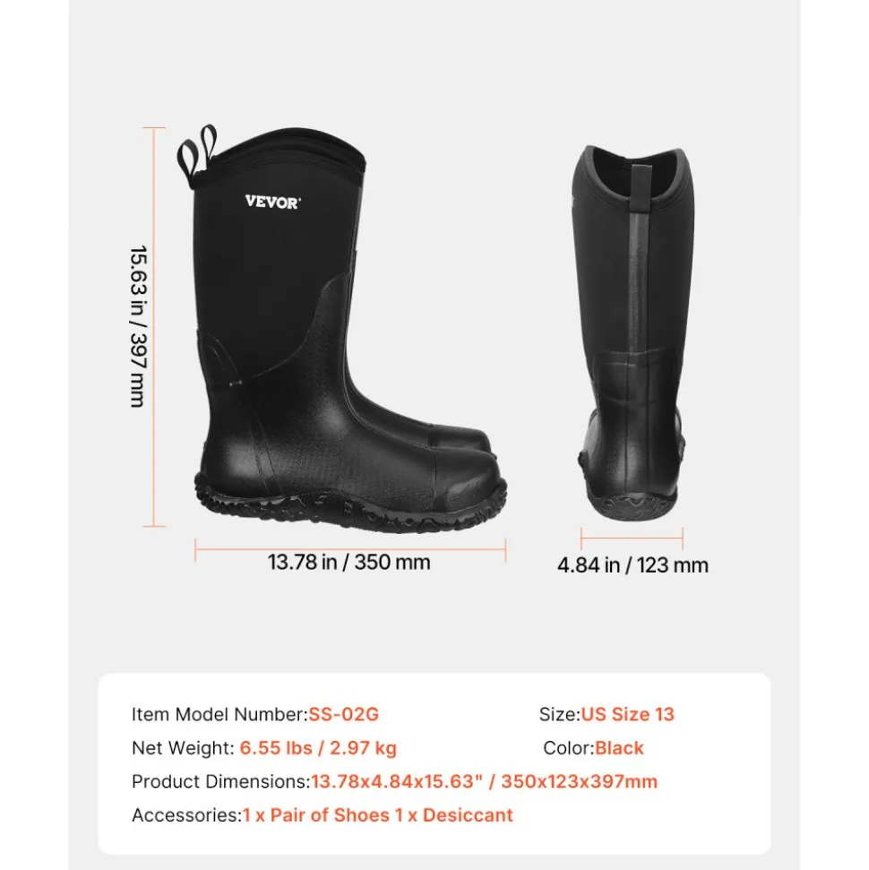 VEVOR Men's Steel Toe Rubber Boots, Protective Footwear, Waterproof Rain Fishing Boots, Outdoor Non-Slip Work Shoes, Lightweight and Durable, for Manufacturing, Construction, Farming, Size 13 US