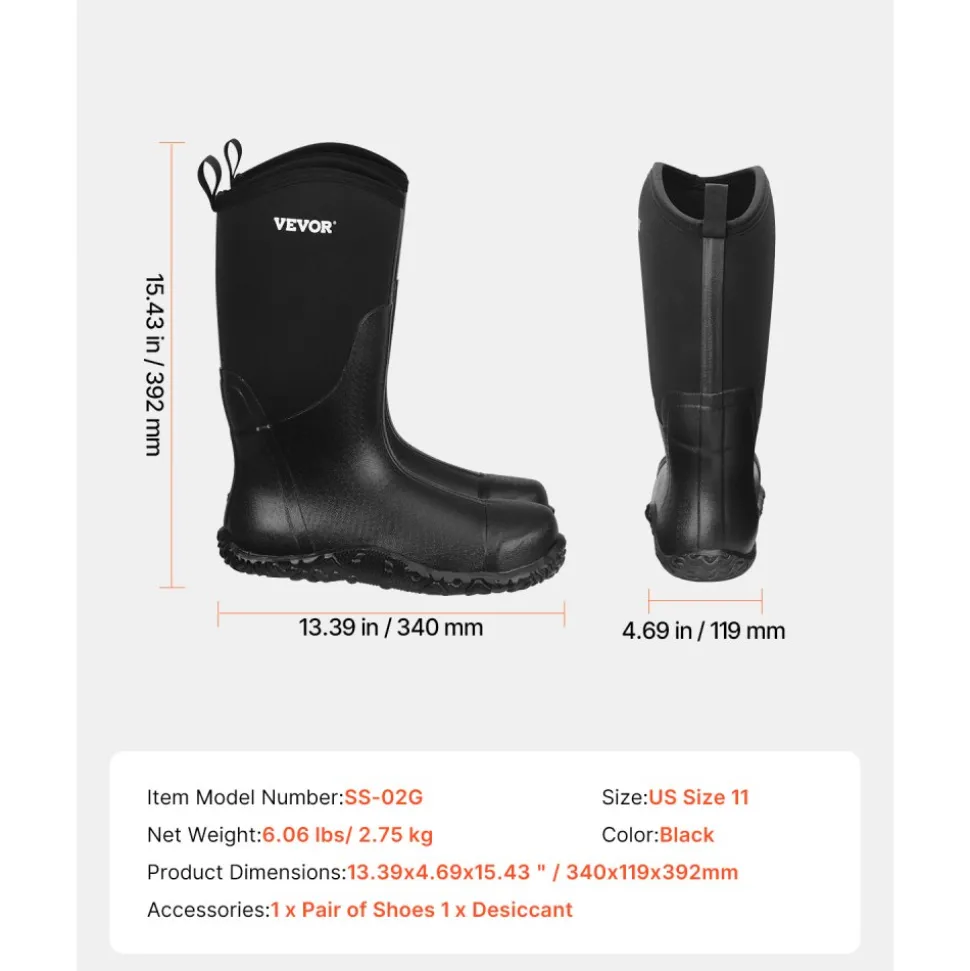 VEVOR Men's Steel Toe Rubber Boots, Protective Footwear, Waterproof Rain Fishing Boots, Outdoor Non-Slip Work Shoes, Lightweight and Durable, for Manufacturing, Construction, Farming, Size 11 US