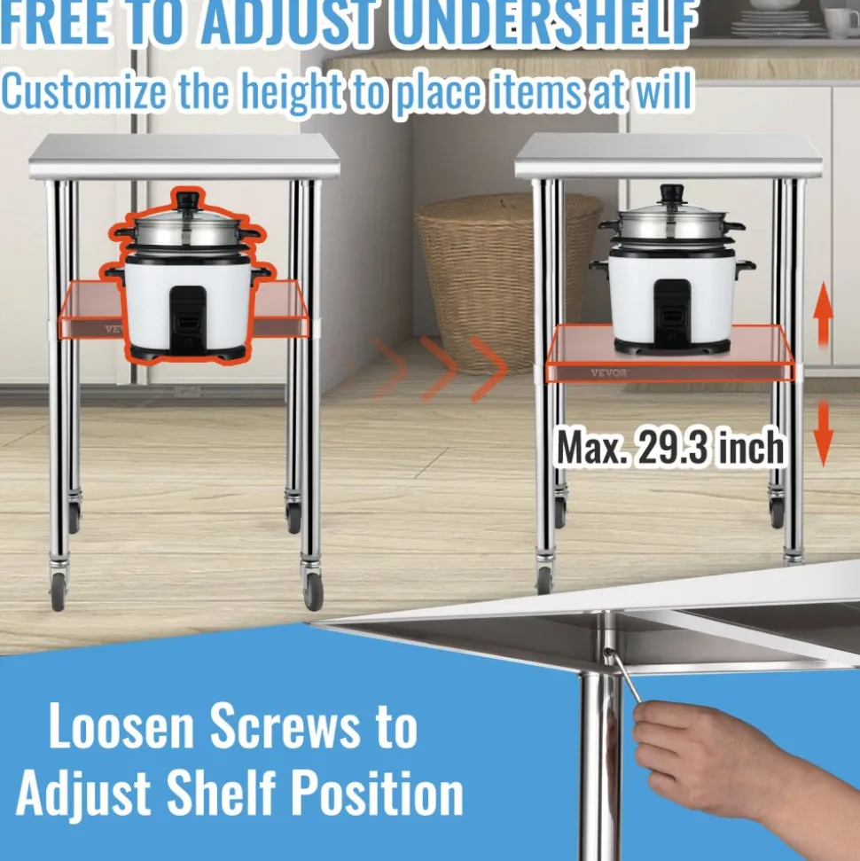 VEVOR Mesa de preparación de acero inoxidable, 24 x 24 x 36 pulgadas, capacidad de carga de 600 libras, mesa de trabajo de metal resistente con estante inferior ajustable y ruedas universales, estació