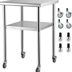 VEVOR Mesa de preparación de acero inoxidable, 24 x 24 x 36 pulgadas, capacidad de carga de 600 libras, mesa de trabajo de metal resistente con estante inferior ajustable y ruedas universales, estació