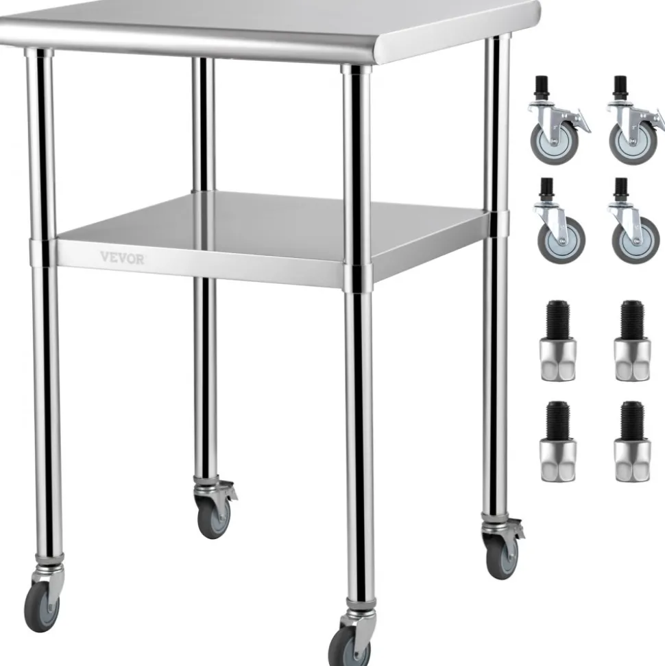 VEVOR Mesa de preparación de acero inoxidable, 24 x 24 x 36 pulgadas, capacidad de carga de 600 libras, mesa de trabajo de metal resistente con estante inferior ajustable y ruedas universales, estació