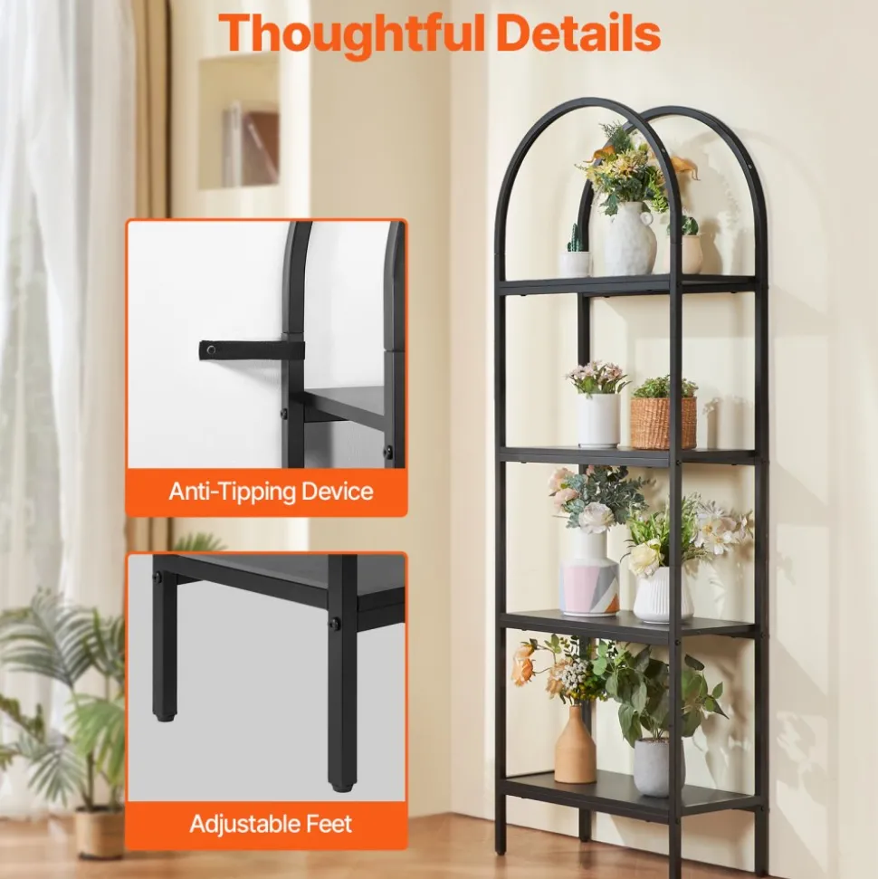 VEVOR Metal Bookshelf, 4-Tier Arched Industrial Bookshelf, Small Rustic Vintage Storage Bookcase with Open Shelves, Freestanding Display Shelving Unit Storage Rack, for Living room, Bedroom & Office