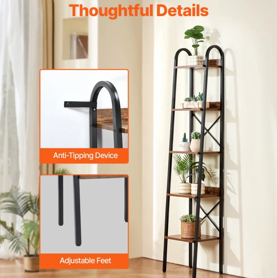VEVOR Metal Bookshelf, 5-Tier Industrial Bookshelf, Tall Narrow Rustic Vintage Storage Bookcase with Open Shelves, Freestanding Display Shelving Unit Storage Rack, for Living room, Bedroom & Office