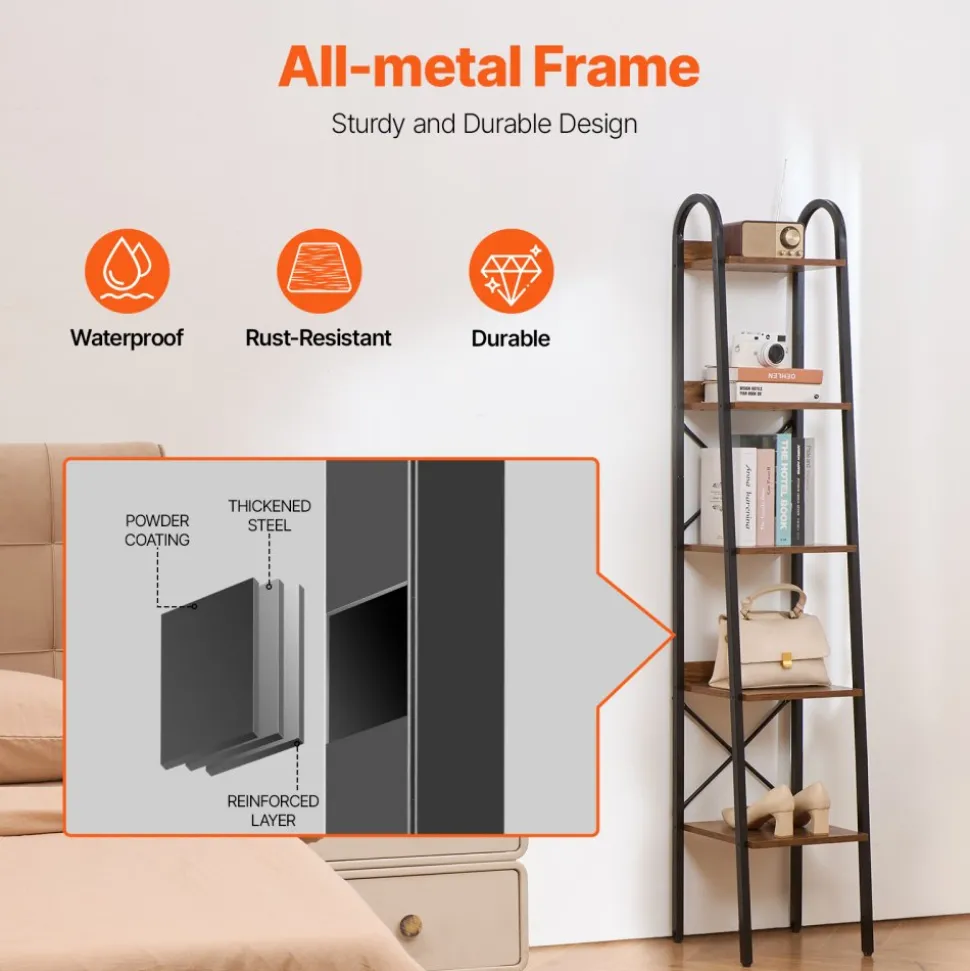 VEVOR Metal Bookshelf, 5-Tier Industrial Bookshelf, Tall Narrow Rustic Vintage Storage Bookcase with Open Shelves, Freestanding Display Shelving Unit Storage Rack, for Living room, Bedroom & Office