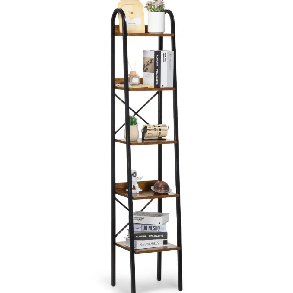 VEVOR Metal Bookshelf, 5-Tier Industrial Bookshelf, Tall Narrow Rustic Vintage Storage Bookcase with Open Shelves, Freestanding Display Shelving Unit Storage Rack, for Living room, Bedroom & Office