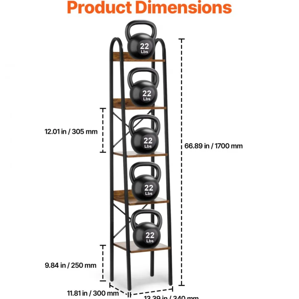 VEVOR Metal Bookshelf, 5-Tier Industrial Bookshelf, Tall Narrow Rustic Vintage Storage Bookcase with Open Shelves, Freestanding Display Shelving Unit Storage Rack, for Living room, Bedroom & Office