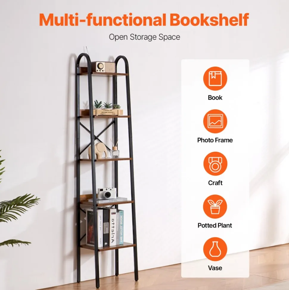 VEVOR Metal Bookshelf, 5-Tier Industrial Bookshelf, Tall Narrow Rustic Vintage Storage Bookcase with Open Shelves, Freestanding Display Shelving Unit Storage Rack, for Living room, Bedroom & Office