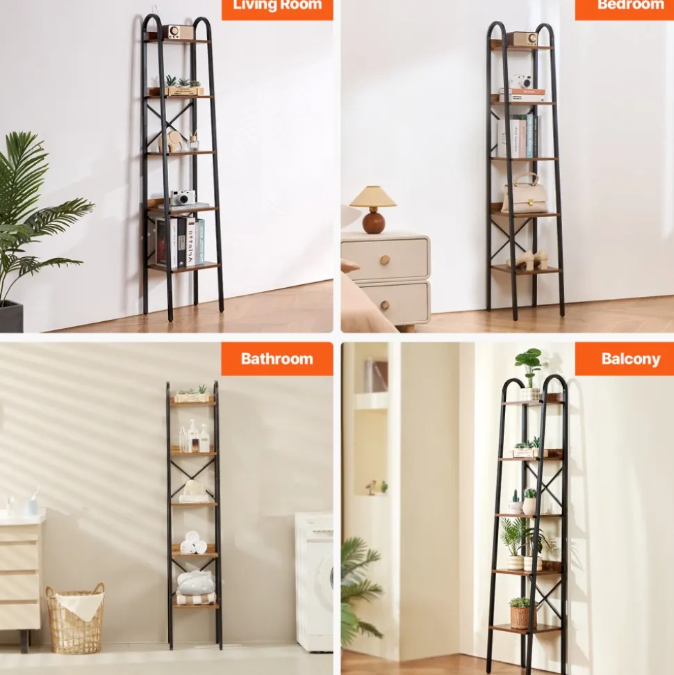 VEVOR Metal Bookshelf, 5-Tier Industrial Bookshelf, Tall Narrow Rustic Vintage Storage Bookcase with Open Shelves, Freestanding Display Shelving Unit Storage Rack, for Living room, Bedroom & Office