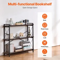 VEVOR Metal Bookshelf, 3-Tier Industrial Bookshelf, Small Rustic Storage Display Bookcase with Open Shelves, Freestanding Display Vintage Shelving Unit Storage Rack, for Living room, Bedroom & Office