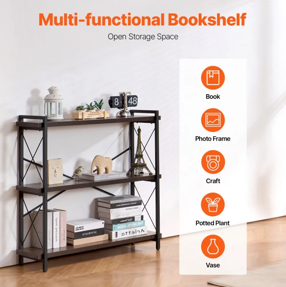 VEVOR Metal Bookshelf, 3-Tier Industrial Bookshelf, Small Rustic Storage Display Bookcase with Open Shelves, Freestanding Display Vintage Shelving Unit Storage Rack, for Living room, Bedroom & Office
